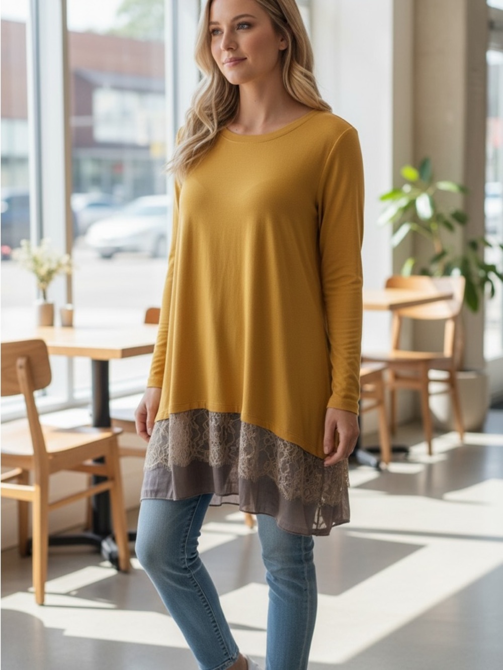 LOGO by Lori Goldstein Yellow and Gray Lace Trim Blouse